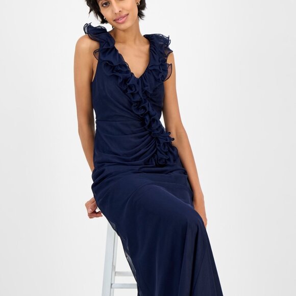 Alex Evenings Petite Ruffled Mesh V-Neck Gown β Navy NWT Size 14P - Picture 2 of 5